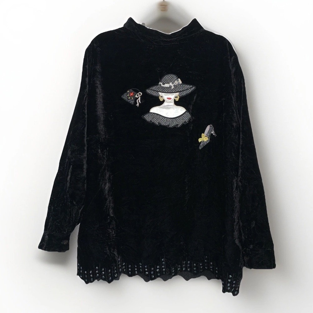 VTG 90s White Stag Jacket Womens Shirt Button Black Velvet Retro Fashion 18w/20w